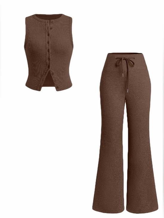 The Real Clean Company Pants - Comfy Chic Brown Knit Button-Front Top & Wide-Leg Pants Set New Boutique